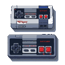 Two retro game controllers, one lighter gray with blue accents and the other darker gray, displayed against a transparent background.