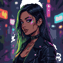 Stylized cyberpunk portrait of a Hispanic woman with neon green, purple, and yellow hair, wearing a black leather jacket and choker, with a dismissive expression. The background is a blur of neon lights.