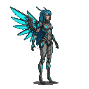 Cybernetic angel with segmented armor and glowing cyan mechanical wings, seen in profile, with long blue hair.