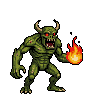 Green-skinned demon with pixelated red eyes, horns, and sharp teeth, holding a crackling orb of flame.