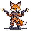 A determined fox in an orange space suit with tactical gear, holding two gleaming pistols.