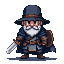 Grizzled adventurer with a white beard, orange spectacles, dark cloak, holding a sword and shield.