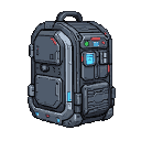 A dark gray, futuristic backpack with glowing blue and red lights, featuring multiple compartments and a sturdy handle.