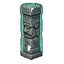 Ancient stone totem statue with carved somber face, geometric patterns, and mystical runes, glowing with an ethereal cyan light.