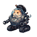 Fluffy hamster piloting a gray and metallic blue pixelated mech with segmented treads and robotic arms.