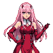 Pixelated anime character with long pink hair and purple eyes, wearing a red outfit and gloves, looking at the viewer.
