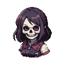 Young woman with skeletal features, dark tousled hair, and crimson eyes, wearing a layered dark outfit with a detailed reddish-brown vest.