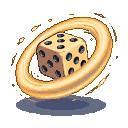 A light-tan die with dark pips, shown in three-quarter view, spinning within a glowing golden ring with outward-emanating sparks.