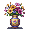 A vibrant bouquet of yellow, pink, and blue flowers in a golden, patterned vase.