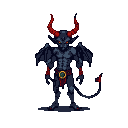 A muscular devil with dark blue skin, crimson horns, and glowing yellow eyes. It has small bat-like wings, a barbed tail, and wears a tattered red loincloth with a golden amulet.