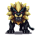 Fearsome mutated lion with a golden-yellow spiky mane, piercing crimson eyes, and mouth agape revealing sharp teeth.