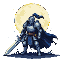 A knight in detailed armor stands with a broadsword, a dark blue cape billowing behind, under a colossal full moon.