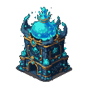A tall, dark stone tower with glowing cyan gems and gold trim, topped by a pulsating translucent blue dome and a crown of shimmering light.