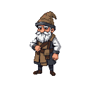 Elderly merchant with white beard, wearing a brown cap, tunic, vest, and satchel.