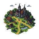 A medieval village with dark-roofed houses, a castle or church with spires, and winding dirt paths, set against lush greenery under an overcast sky.