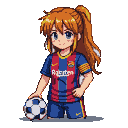 Young anime girl with orange ponytail and blue eyes, wearing a Barcelona football jersey and shorts, smiling and resting her hand on a soccer ball.