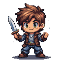 Young adventurer with tousled brown hair and green eyes, wearing a leather jacket, grey shirt, and blue jeans, holding a dagger.