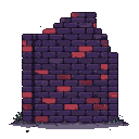 A jagged, dark purple brick wall with scattered red bricks and sparse green and grey debris at its base.