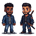 Two pixel art characters, one with a scar across his nose and a red eye, wearing a Metallica shirt and denim jacket; the other with a similar scar and red eye, wearing a dark t-shirt and denim jacket, with a katana on his back.