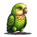 A plump, vibrant green parrot with pale yellow chest feathers, its head cocked and dark eye conveying curiosity.