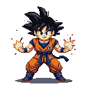 Young Goku in an orange gi with a blue sash, spiky black hair, and a determined expression, holding his hands forward with crackling energy blasts emanating from them.