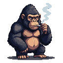 Muscled gorilla squatting, holding a lit cigarette to its lips with pixelated smoke rising.
