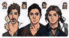 Three men in pixel art style, one central with dark hair and direct gaze, one left with brown hair and mustache in conversation, and one right with brown hair styled in motion with an introspective look. Stylized portraits of older individuals are above t