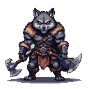 Anthropomorphic wolf barbarian warrior with bared fangs, wearing fur and leather armor, wielding two large battle axes.