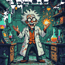 A mad scientist with wild white hair and oversized glasses cackles, holding a sparking invention in a cluttered retro laboratory filled with analog machines and glowing neon liquids.