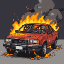 A derelict red car burns, engulfed in flames and smoke, with glowing monster eyes peering from its shattered windshield.