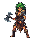 Fierce female barbarian with wild green hair and a double-headed axe, wearing rugged armor.