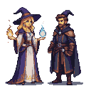 Two mages, a woman conjuring blue and red magic and a man standing stoically, against a transparent background.