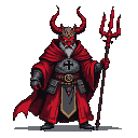 Demon-possessed Grand Master Templar with red skin, horns, red robe with black Templar cross, metallic breastplate, and a trident.