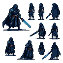 Spectral knight in sharp, glowing blue and cyan armor, wielding a luminous double-bladed sword.