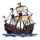 A detailed pirate ship with brown hull and masts, beige and white sails, and blue and white crew figures, sails on choppy blue waters against a black background.
