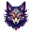 Psychedelic kitsune mask in deep blues, fiery oranges, and luminous greens, with glowing teal eyes and intricate swirling patterns.