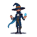 Magician with a glowing blue diamond, wearing a blue and gold outfit with a wide-brimmed hat and a masked face.