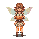 A gentle pixie with light brown hair, a tiara, and iridescent wings cradles a golden-brown loaf of bread.