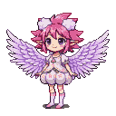 Anime pixie with pink hair, purple eyes, and lavender wings, wearing a white frilly dress and pink socks.