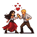 A dark-haired woman in a red skirt and a fair-haired man in a white shirt are locked in a forceful, passionate dance, hands clasped. Vibrant red hearts pulsate above them.
