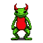 Curious devil frog humanoid with vibrant green skin, red chest, and small red horns, poised in a ready stance with wide, dark eyes.