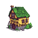 Pixelated house with a green mossy roof, yellow walls, stone foundation, dark-framed windows, and black "Pixie.haus" graffiti. Lush green foliage grows around the base and up the walls.