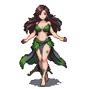 A graceful tree spirit with flowing brown hair and green foliage covering her chest and waist.