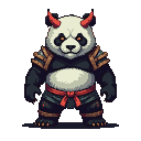A demon panda with black and white markings, fiery orange eyes, and crimson horns. It wears dark segmented armor with gold accents and a red sash.