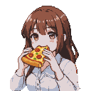 Young woman with brown hair biting into a slice of pepperoni pizza.
