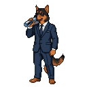 Anthropomorphic German Shepherd in a navy suit holding a blue drink.