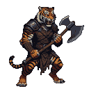 Tiger warrior with a double-headed axe, wearing segmented armor and a tunic, with intense focus.
