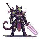 Feline warrior in dark, gold-trimmed armor with glowing purple orbs, crimson scarf, and piercing purple eyes. Wields a luminous plasma sword and has a spear sheathed on its back.