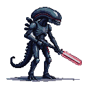 A menacing Xenomorph with a dark, metallic sheen, subtle red accents on its head, and a glowing red lightsaber. Its skeletal torso and segmented tail are detailed with a gritty, pixelated texture.