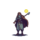Cloaked figure holding a staff with a glowing yellow orb aloft.